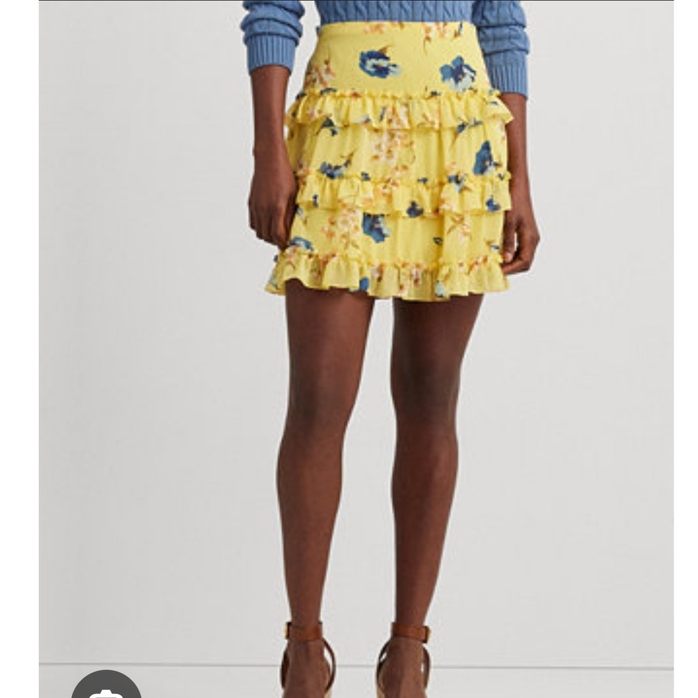 Lauren Ralph Lauren Yellow Floral Ruffle Tiered‎ Mini Skirt Size 16